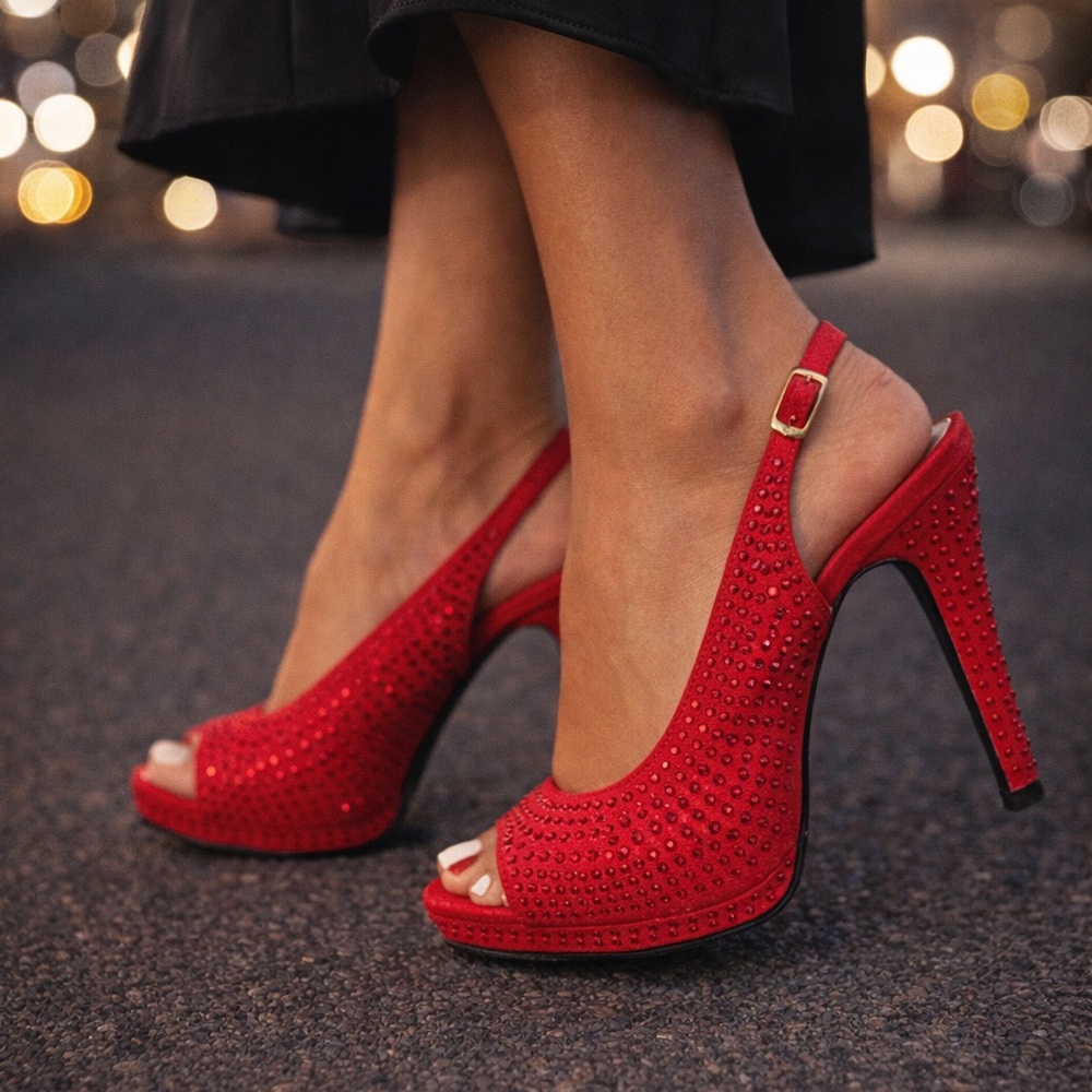 Society6 Red Crystal-Stud Peep-Toe Slingback Heels‎ 7.5